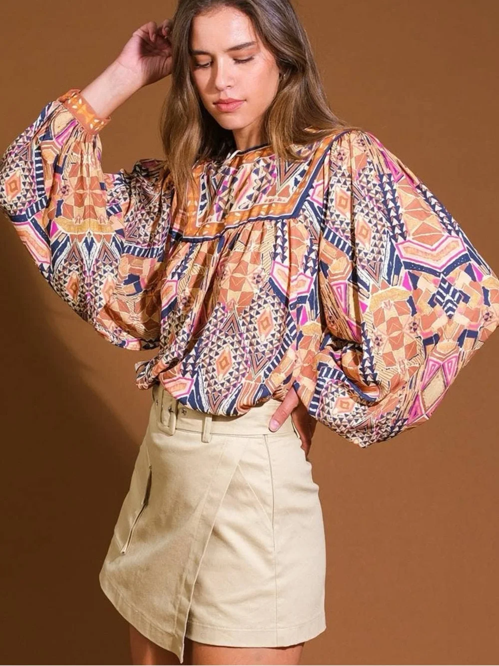 Flying tomato Printed Puff-Sleeve Boho Blouse in Orange & Pink size large - Picture 6 of 14